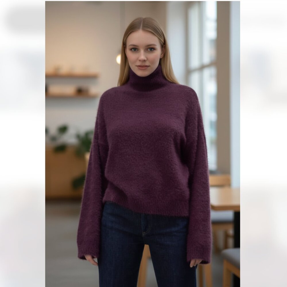 NWOT ZARA Super Soft Fuzzy mock Neck Sweater Pullover Burgundy  Medium